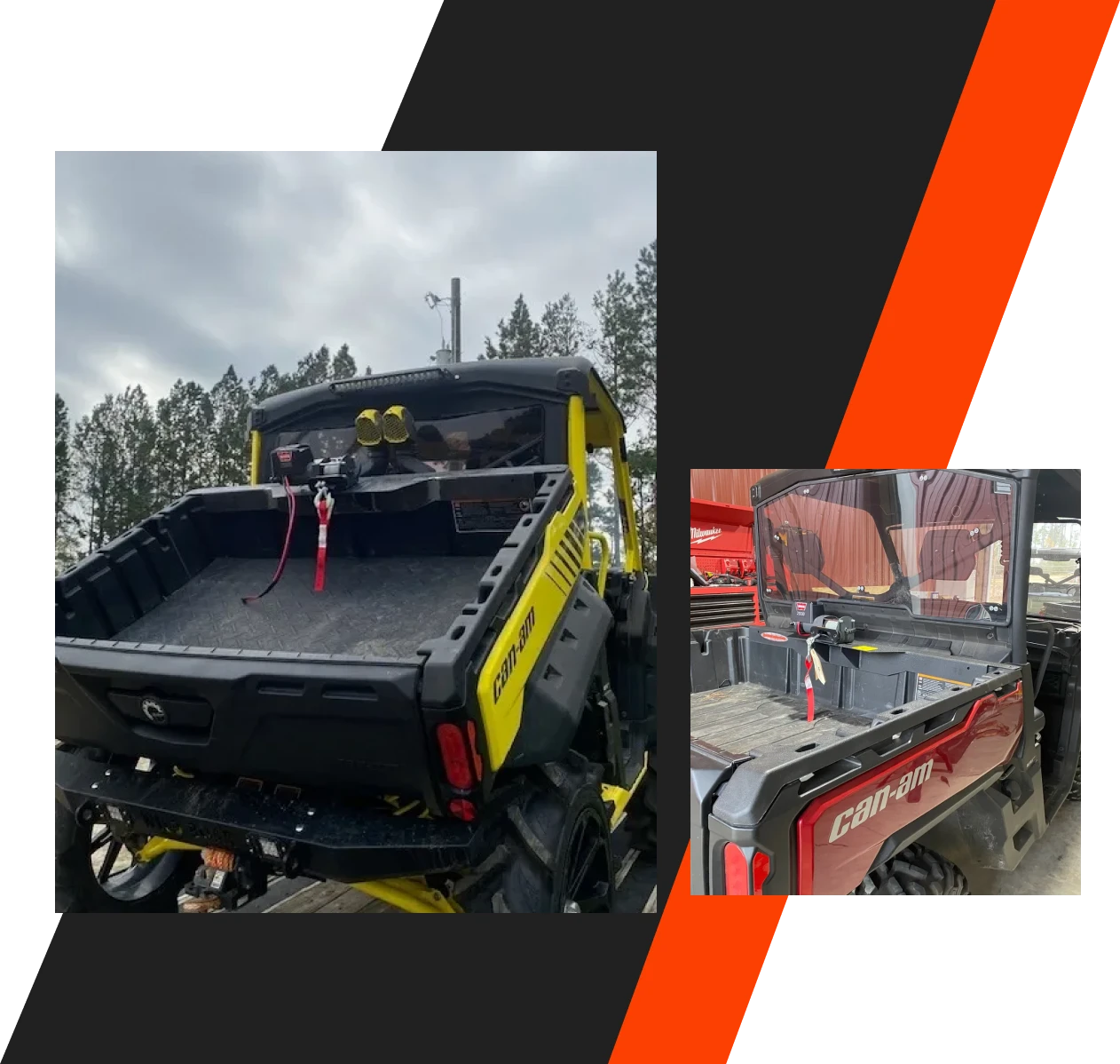 Yellow off-road side-by-side with empty cargo bed