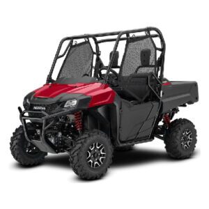 Red off-road utility vehicle with roll cage.