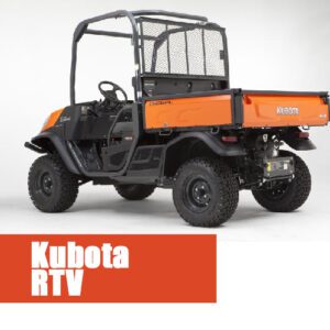 Orange Kubota RTV utility vehicle side view.