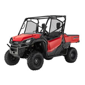 Red Honda utility vehicle with black frame.